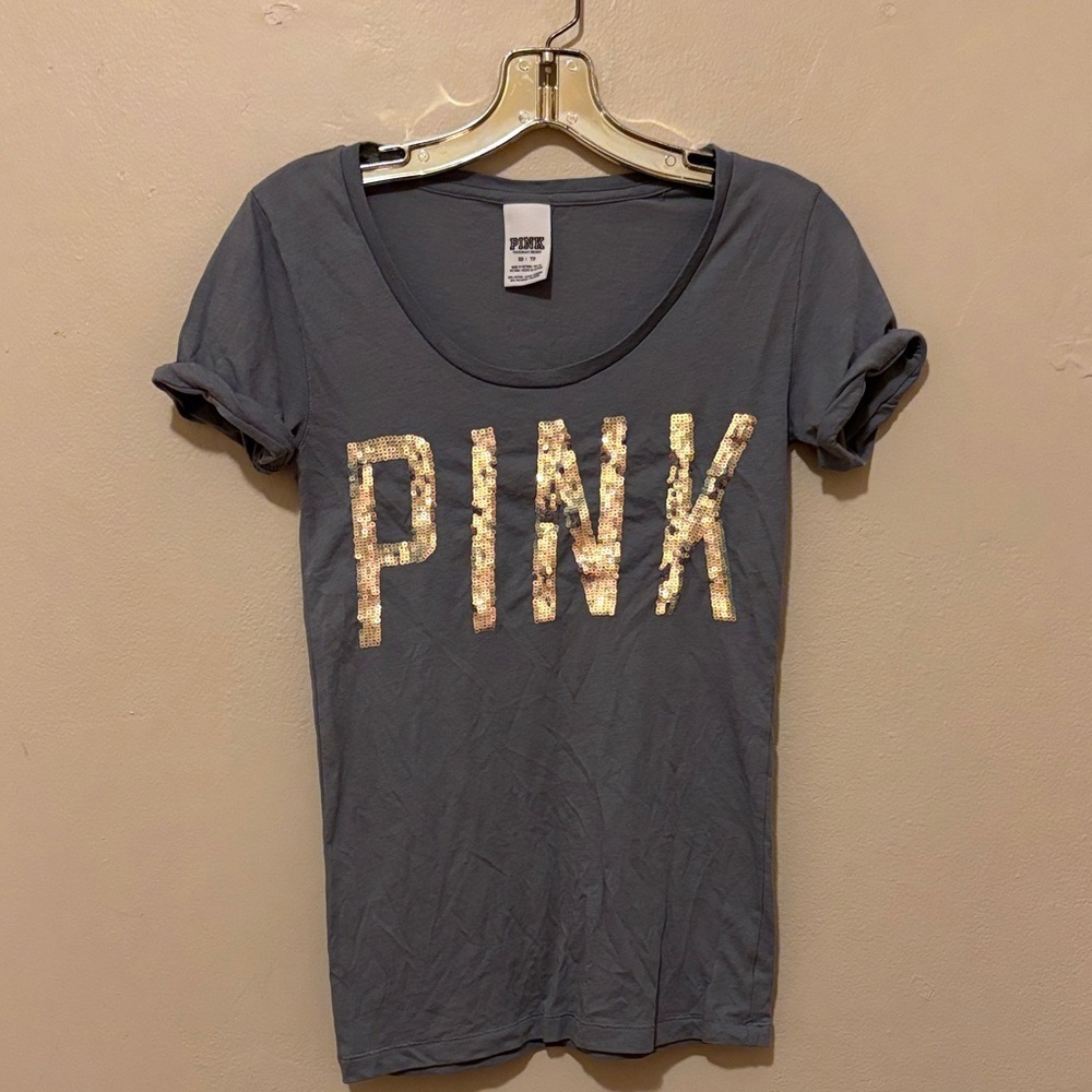 Victoria's Secret Gray Tee with Gold Sequin PINK Logo